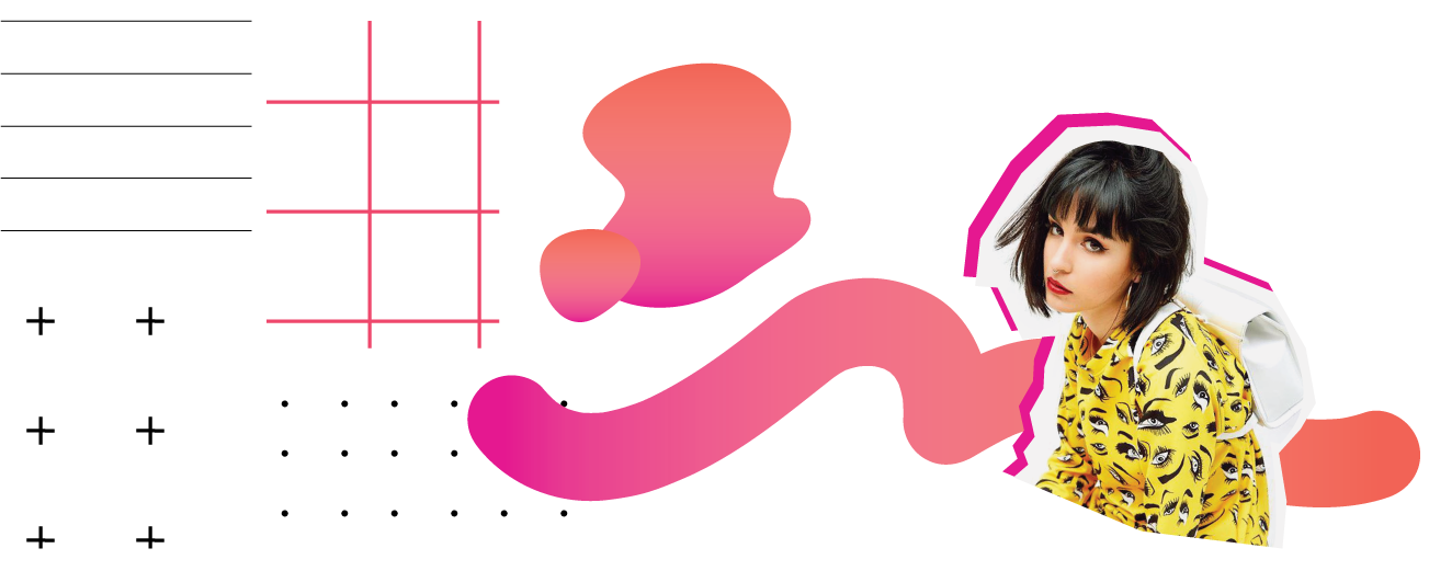 The image shows four geometric patterns, some organic shapes with a gradient color from orange to fucsia, and the picture of a young woman with a pink, sharp drop shadow. All of these elements take part in KIDCAST's visual image.