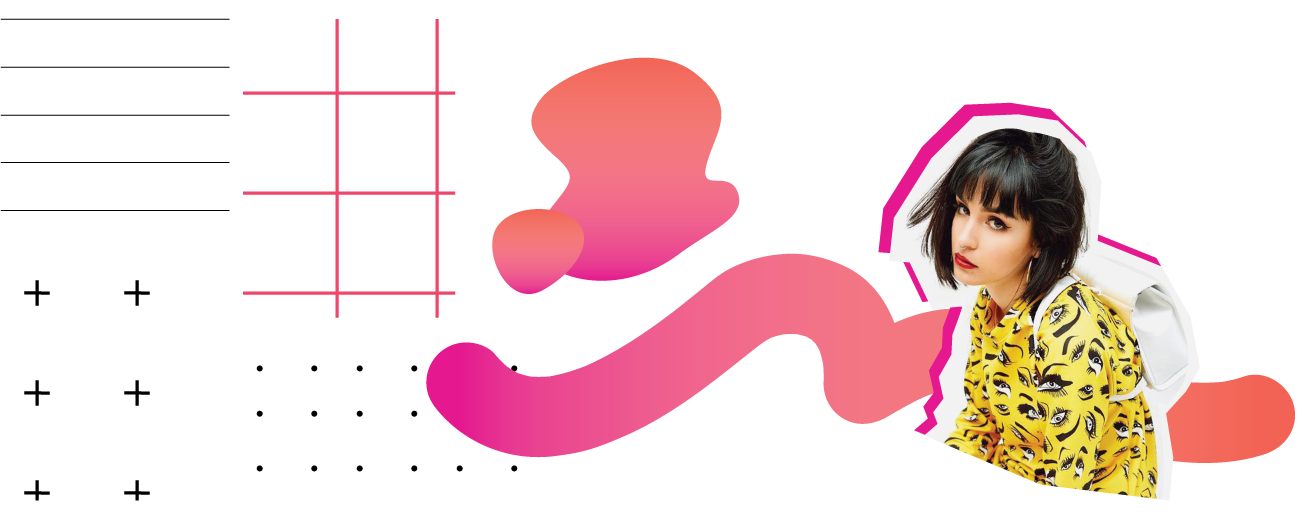 La imagen muestra cuatro patrones geométricos, unas formas orgánicas con degradado rosa a naranja, y la imagen de una mujer joven recortada y con un sombreado en rosa. Todo forma parte del estilo gráfico de Kidcast.