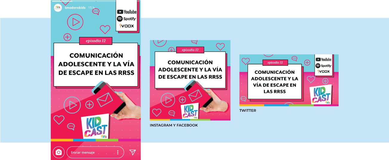 Adaptación de un diseño a Instagram Stories, post de Facebook e Instagram y post de Twitter.