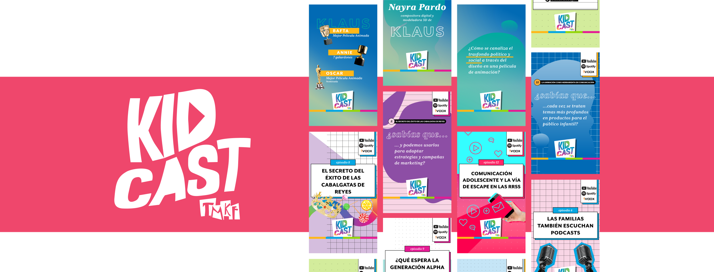 The image shows a full-width coral rectangle over which, on the left side, the logo of KIDCAST by TMKF is shown. On the right side, four rows of Instagram Stories designed for different episodes of the podcast.