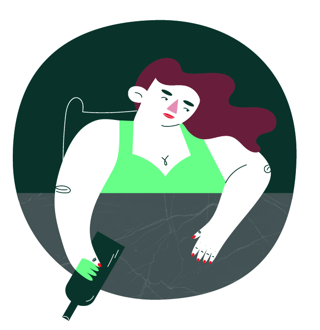 Diseño de personaje de una mujer sosteniendo una botella de vino.