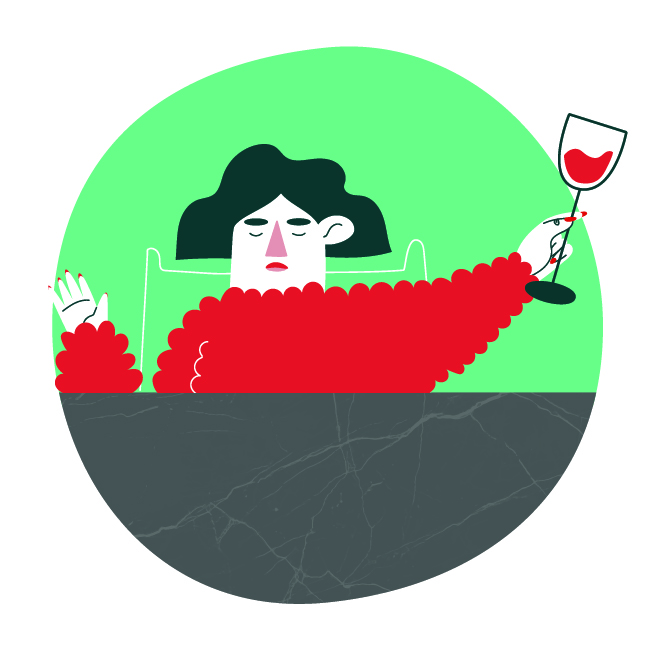 Diseño de personaje de una mujer sosteniendo una copa de vino.