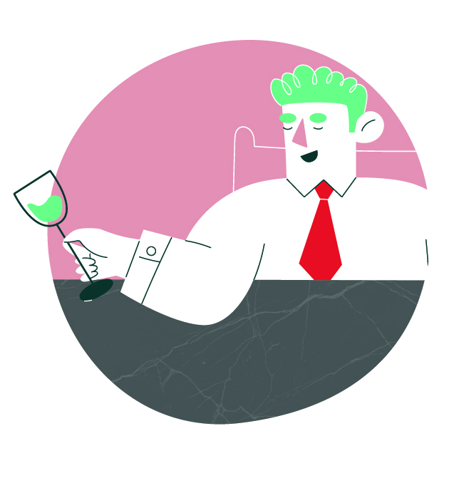 Character design of a man holding a glass of wine.