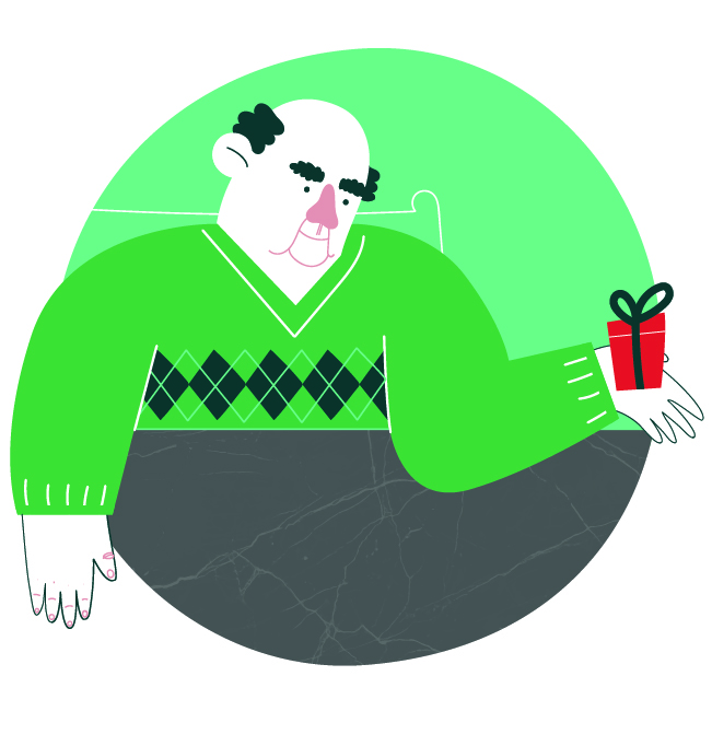 Character design of a grandfather holding a Christmas gift.