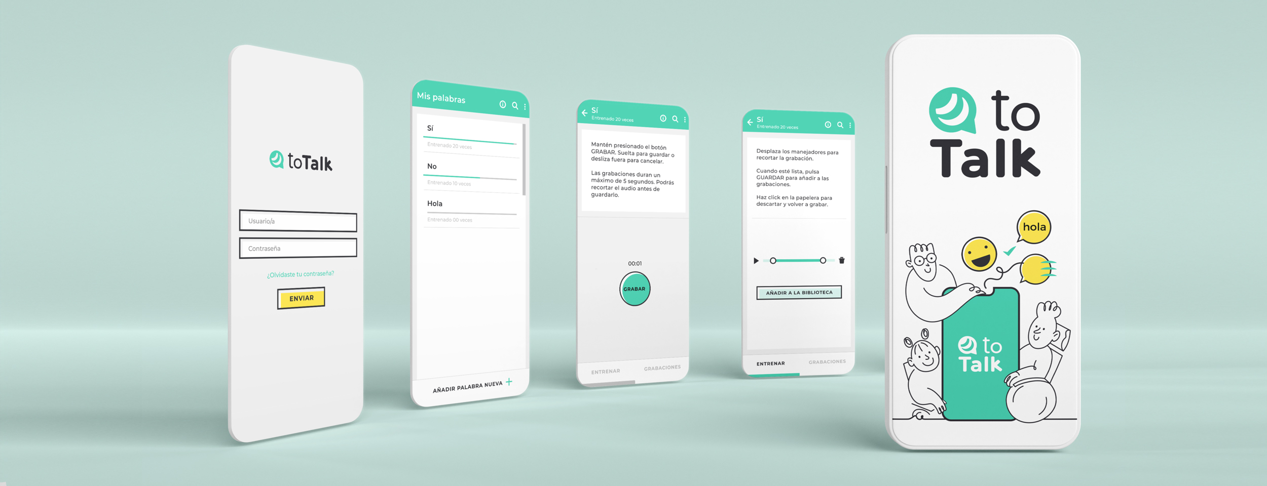 Varios mockup de diseño de app sobre un fondo verde.