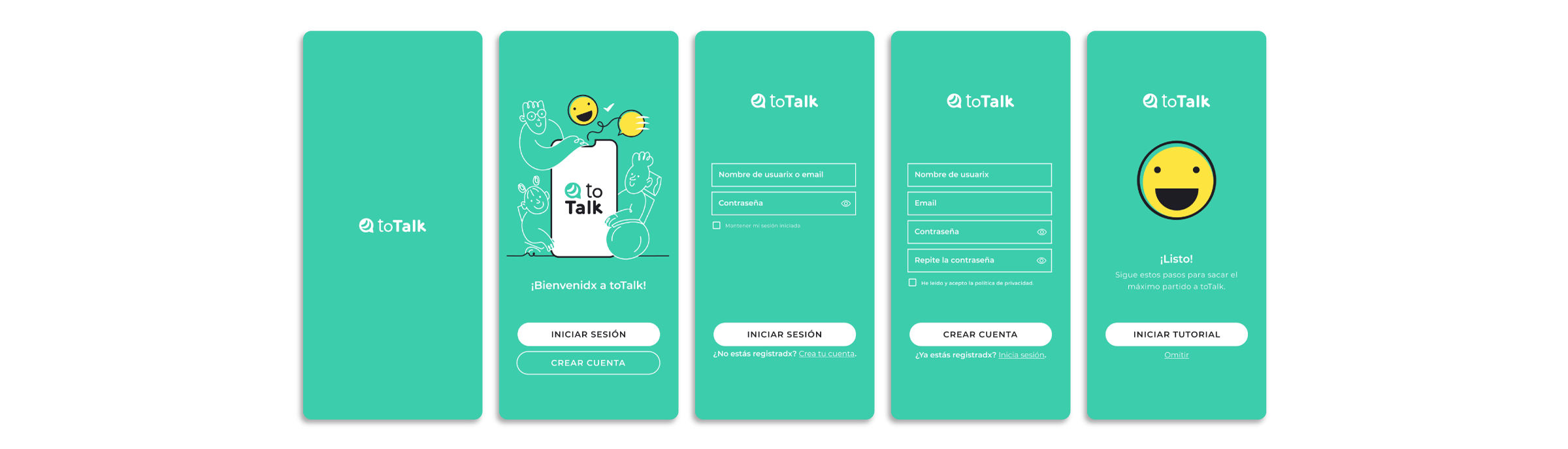 Diseño UI de app del registro e inicio de toTalk.
