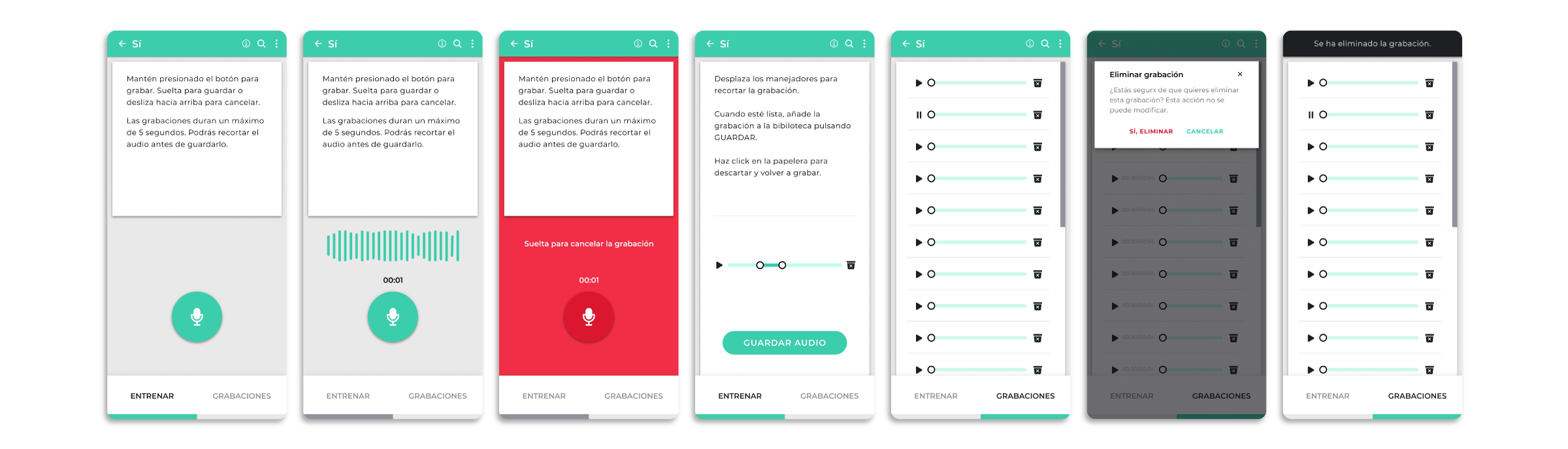 Diseño UI: grabación de audio, escuchando, cancelar la grabación, editar el audio, biblioteca de audios, eliminar grabación, grabación eliminada.