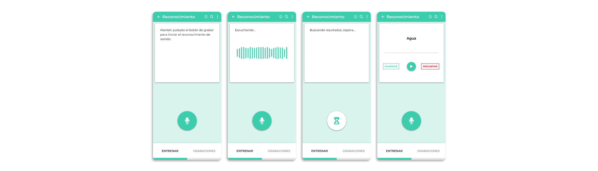 Diseño UI: reconocimiento de sonido, escuchando, buscando resultados, pantalla de resultado con las opciones de guardar o descartar el audio.