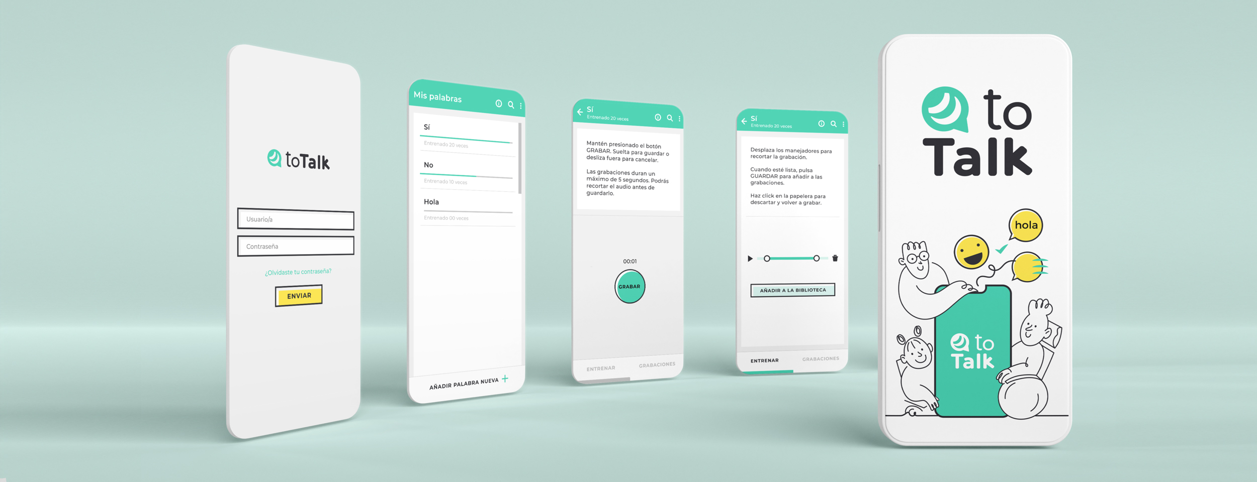 four mobile mockups showing the app toTalk